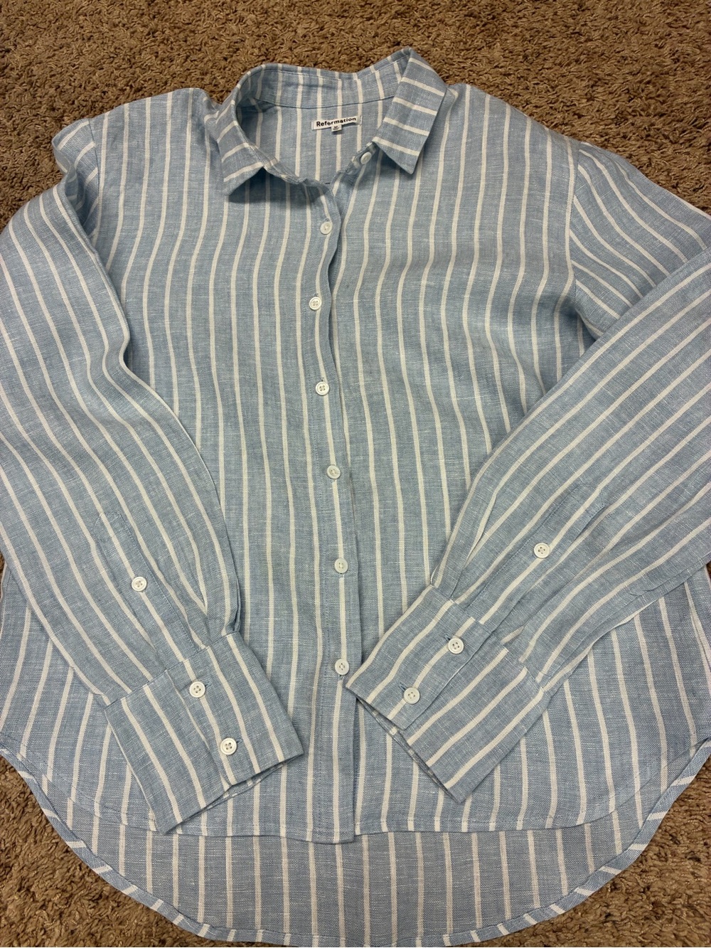 Reformation Women’s Linen Blue and White Striped Button-Down Shirt. Medium.